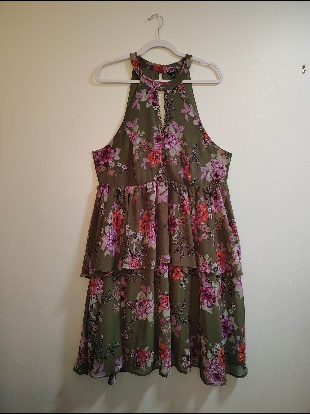 Torrid Olive Floral Tiered Midi Dress with Pink and Orange Blooms